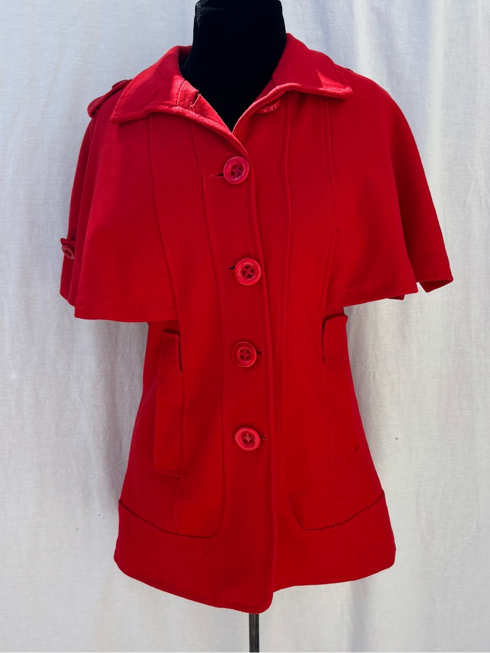 Y2K Red Wool Cape Coat Jacket Papillon Mod Retro Old Hollywood Glam Swing M